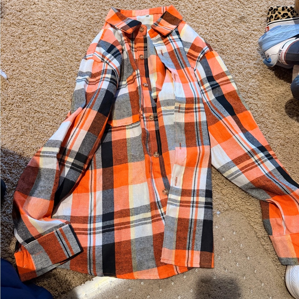 Orange Plaid Button-Up Shirt